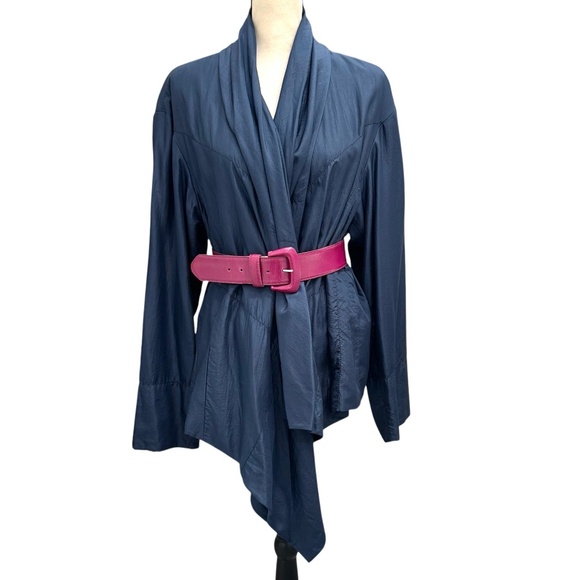 PURE DKNY BLUE SILK WATERFALL FRONT OPEN JACKET COAT - Picture 2 of 13